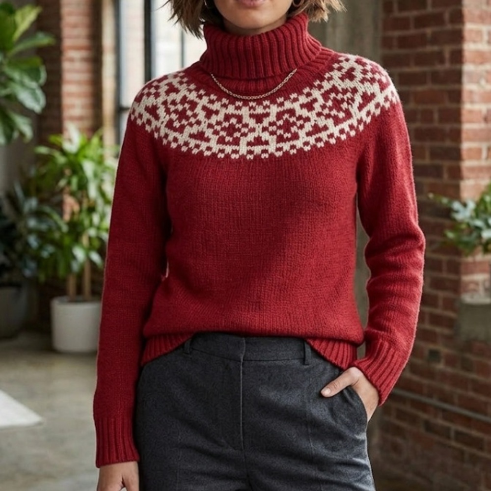 Talbots Sweater Womens Fair Isle Red Cotton Wool Mohair Turtleneck Size Sp